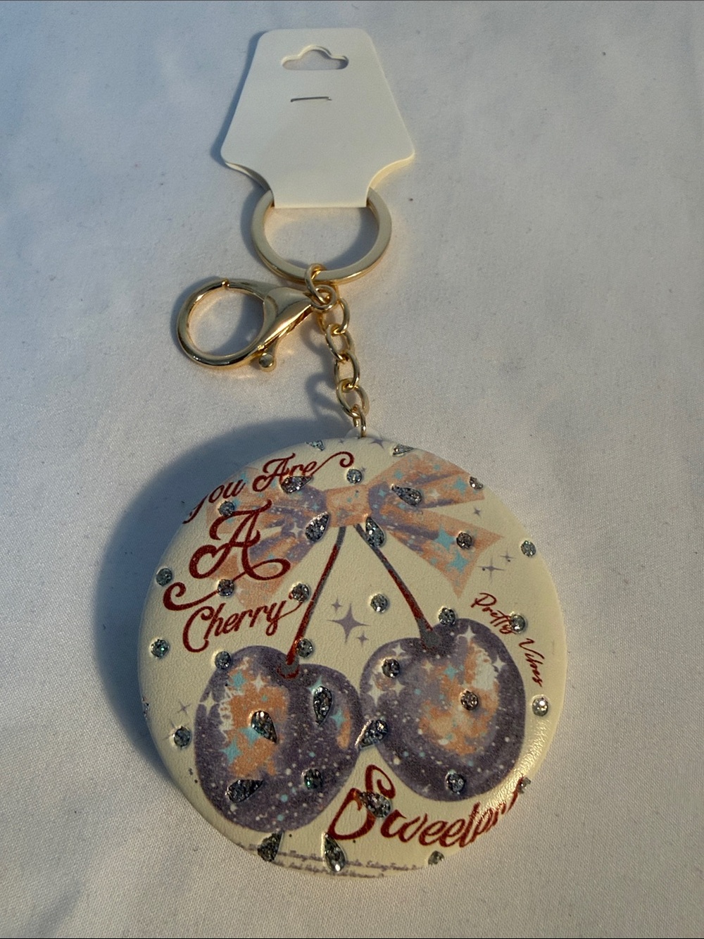 Embellished Cherry Heart Keychain - Cream & Purple Mirror